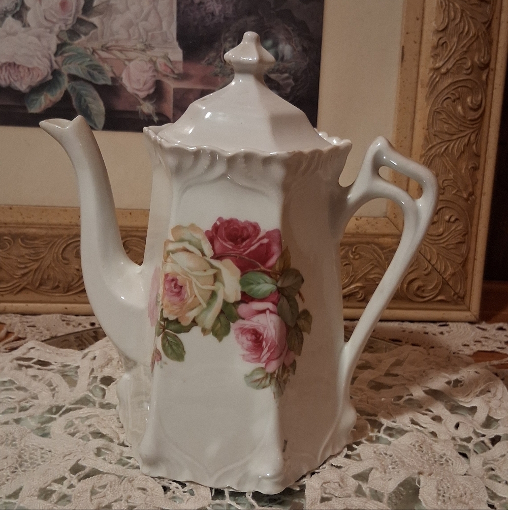 Porcelain Floral Teapot with Pink and Yellow Roses